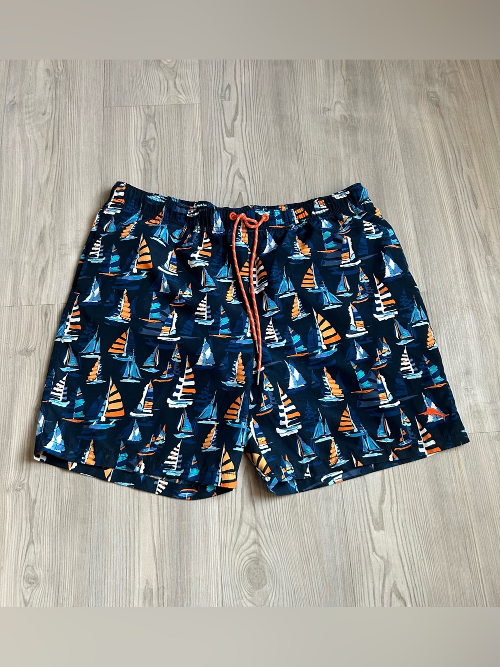 Tommy Bahama Navy Sailboat Swim Trunks with Orange Drawstring